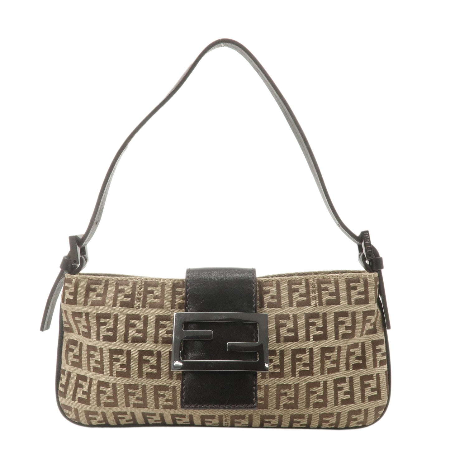 FENDI Zucchino Canvas Leather Shoulder Bag Brown Beige 8BK000