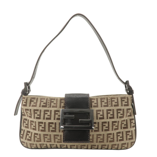 FENDI Zucchino Canvas Leather Shoulder Bag Brown Beige 8BK000