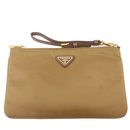 Prada Logo Nylon Leather Clutch Bag Pouch Brown