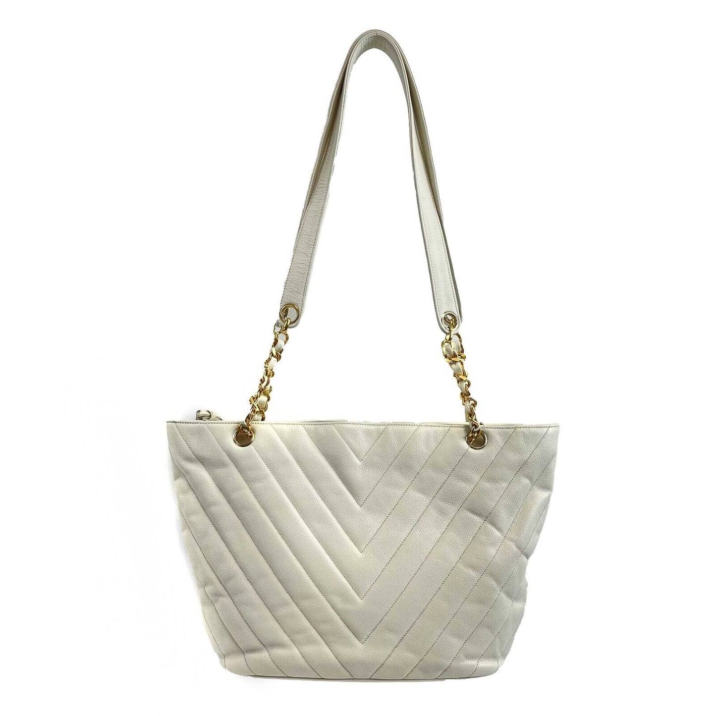 CHANEL -   1994 White Leather Small Chevron Tote / Shoulder Bag