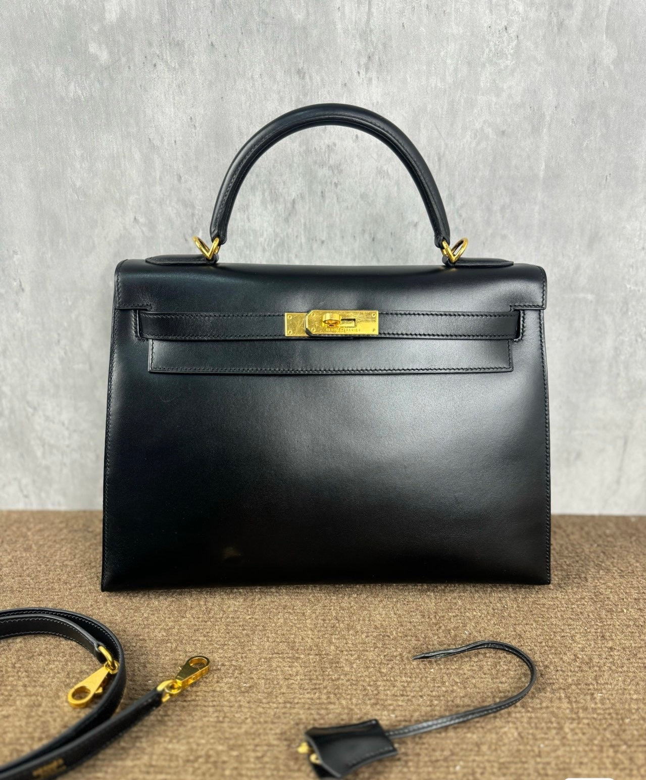 Hermes Kelly 32 Sellier Black Box Leather Double Ring Gold HW