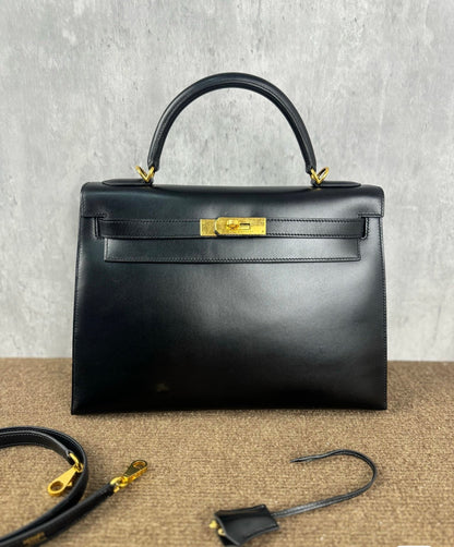 Hermes Kelly 32 Sellier Black Box Leather Double Ring Gold HW