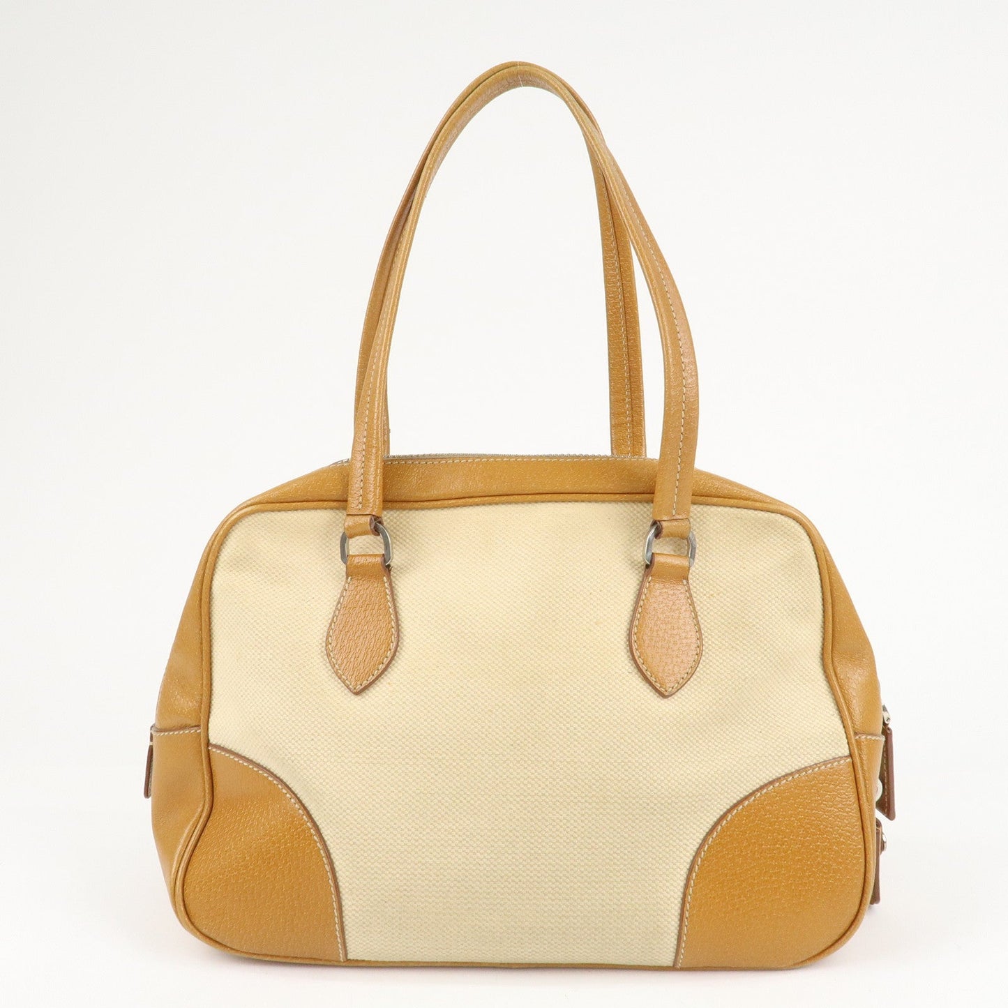 PRADA Canvas Leather Triangle Logo Boston Bag Ivory Brown  d