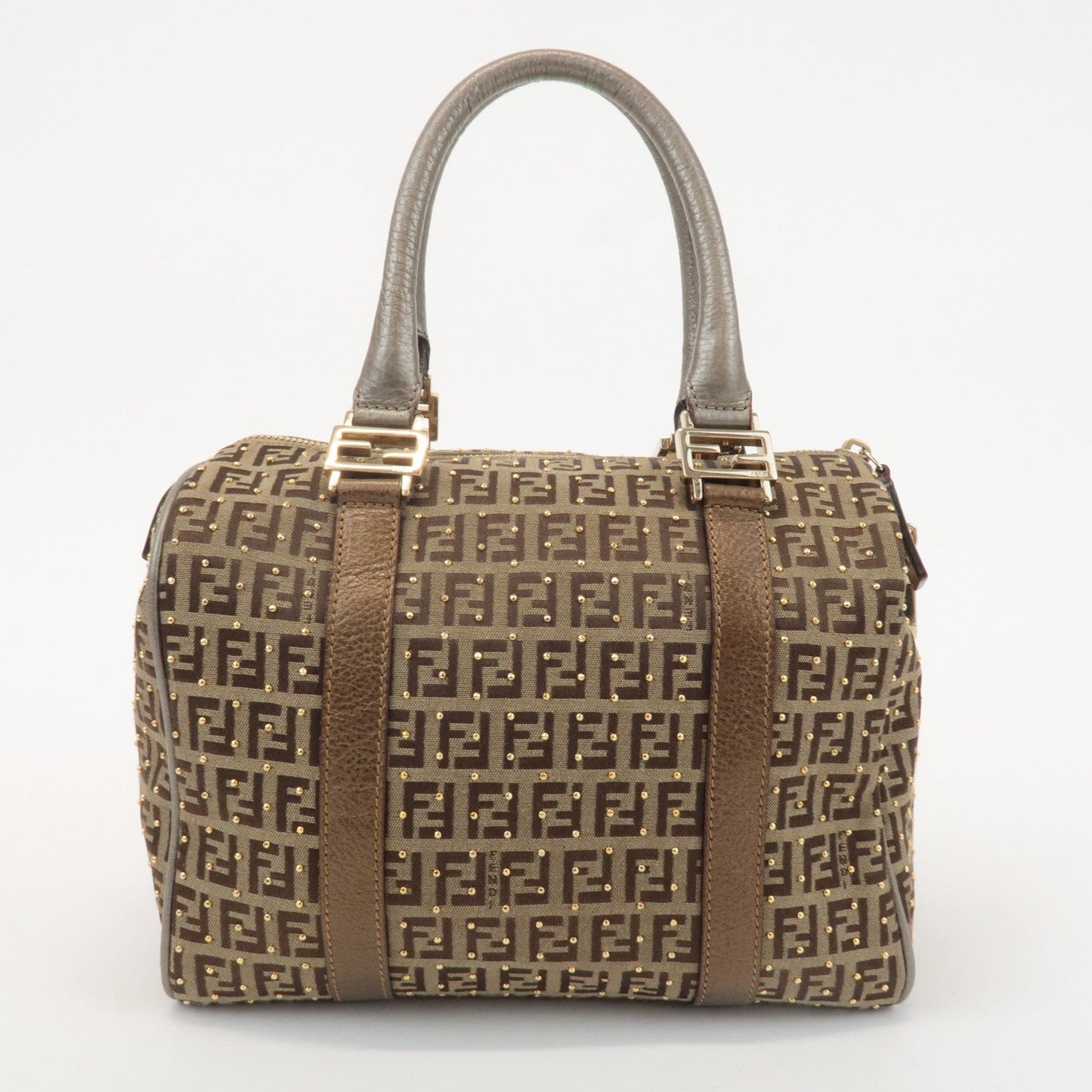 FENDI Zucchino Canvas Leather Boston Bag Hand Bag Beige 8BL068