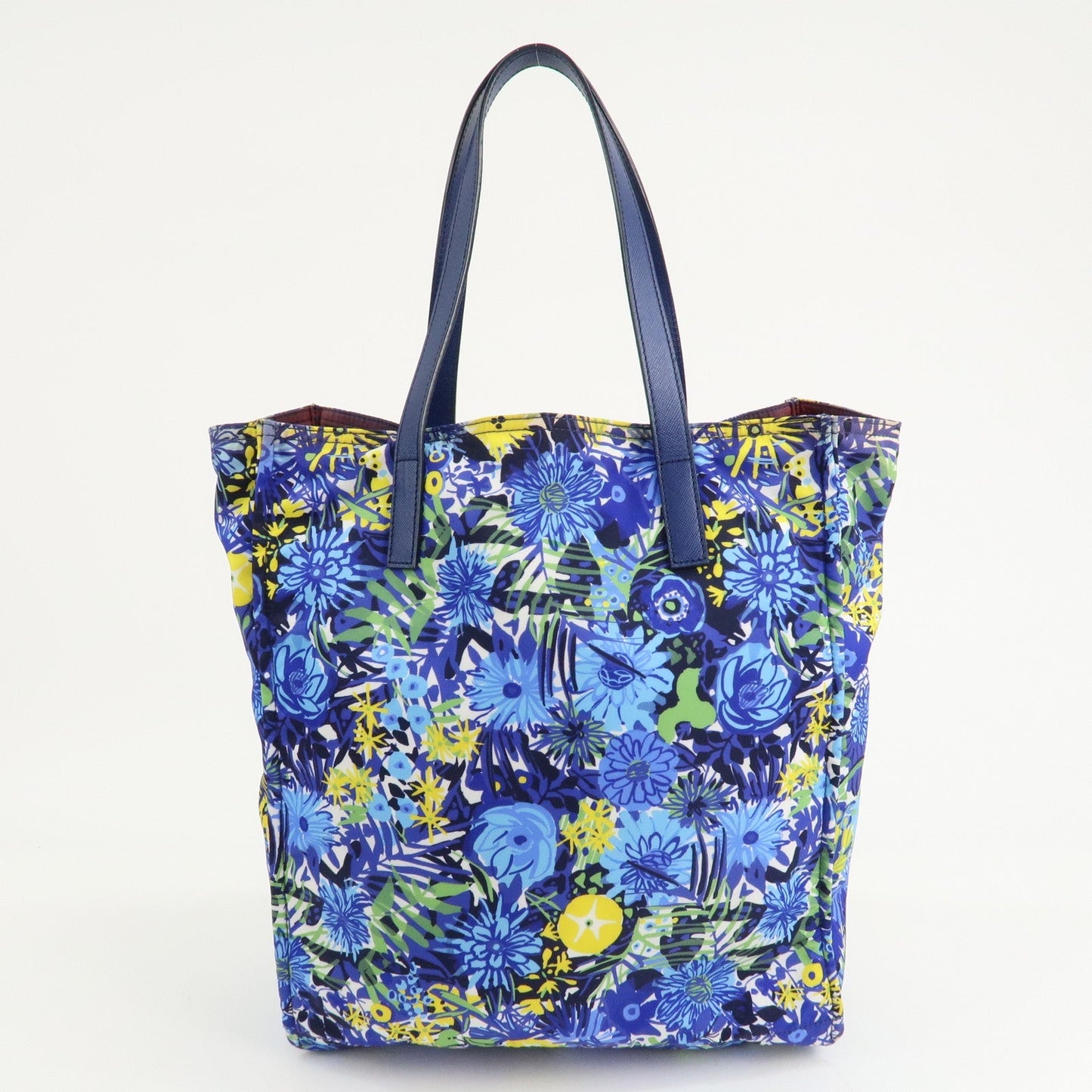 PRADA Logo Nylon Leather Tote Bag Floral Print Blue BN2851  d