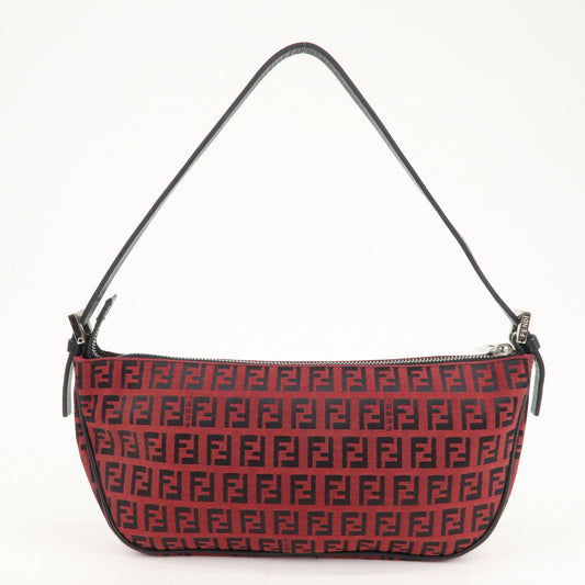 FENDI Zucchino Canvas Leather Shoulder Bag Red Black 8BR144