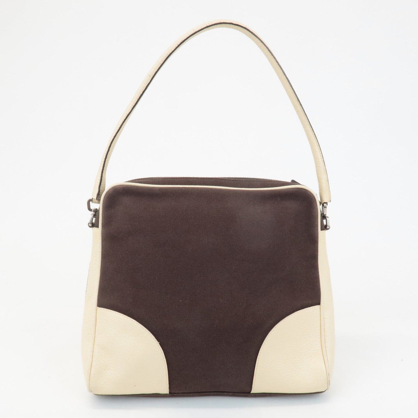 PRADA Triangle Logo Canvas Leather Shoulder Bag Brown Ivory  d