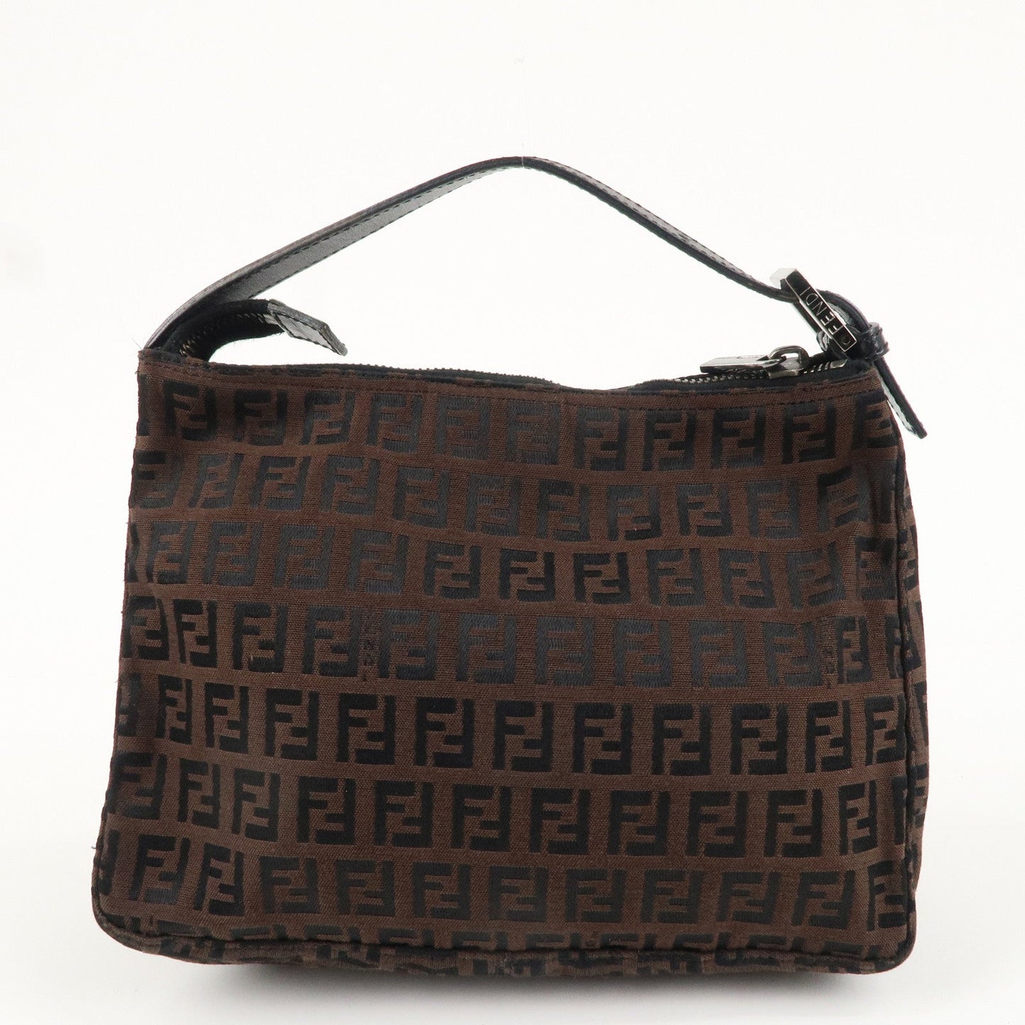 FENDI Zucchino Canvas Leather Hand Bag Pouch Brown Black 8N0005