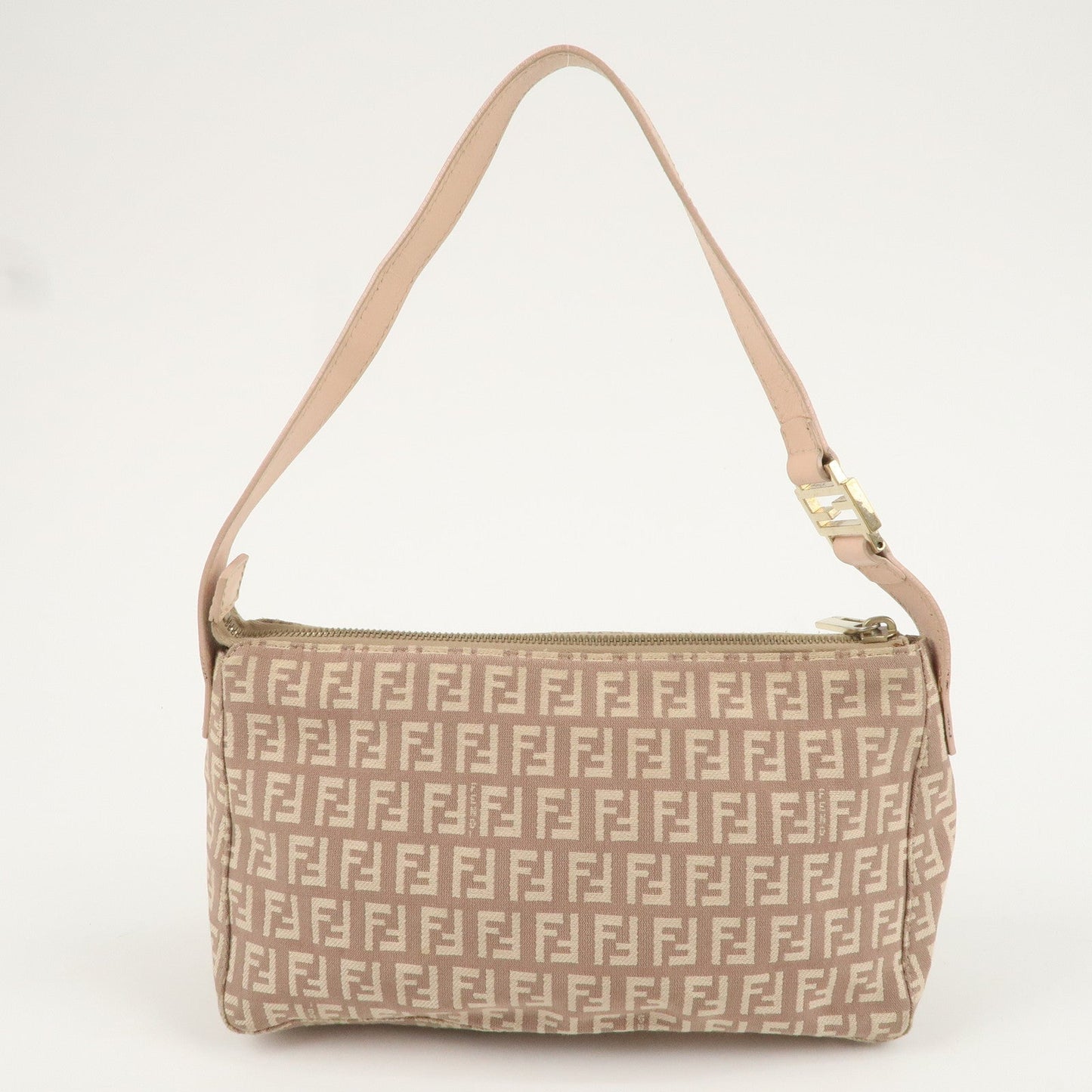 FENDI Zucchino Canvas Leather Shoulder Bag Beige Pink 8BR444
