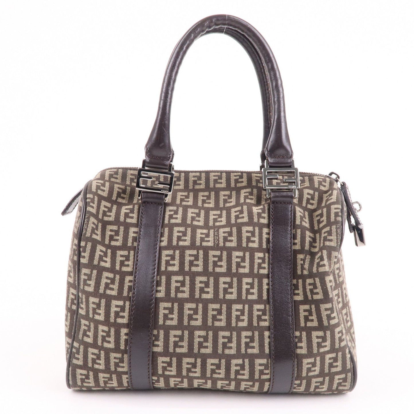 FENDI Zucchino Canvas Leather Boston Bag Brown Beige 8BL068