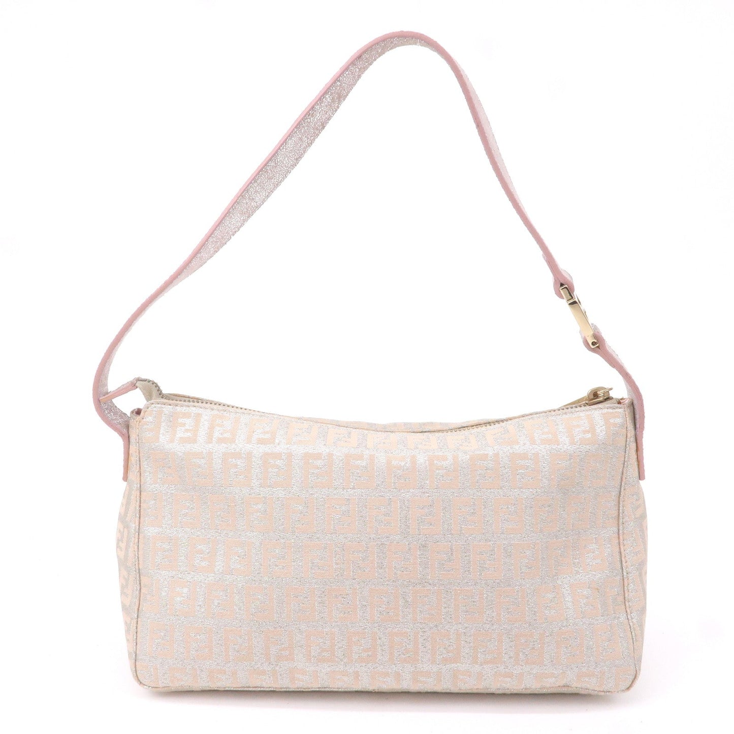 FENDI Zucchino Canvas Leather Shoulder Bag Silver Pink 8BR444