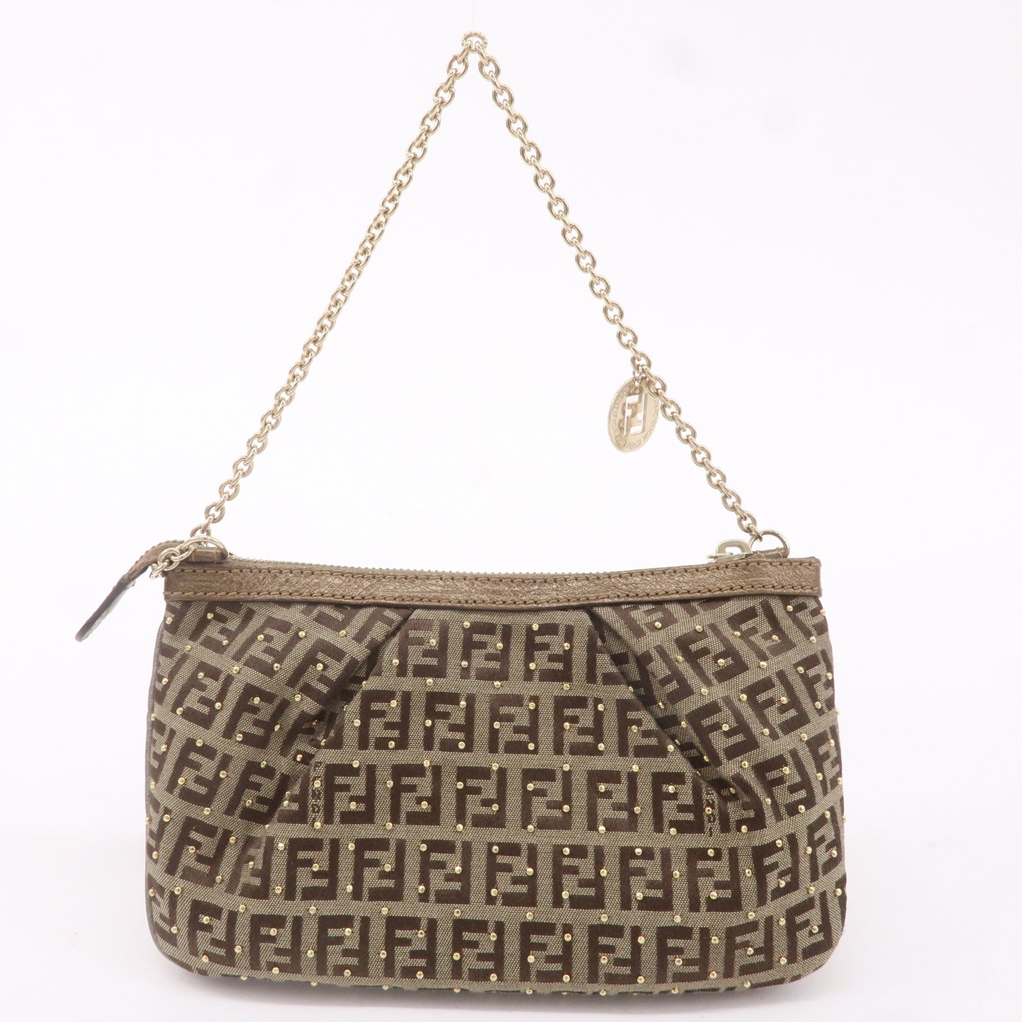 FENDI Zucchino Canvas Leather Chain Bag Pouch Brown 8BR594
