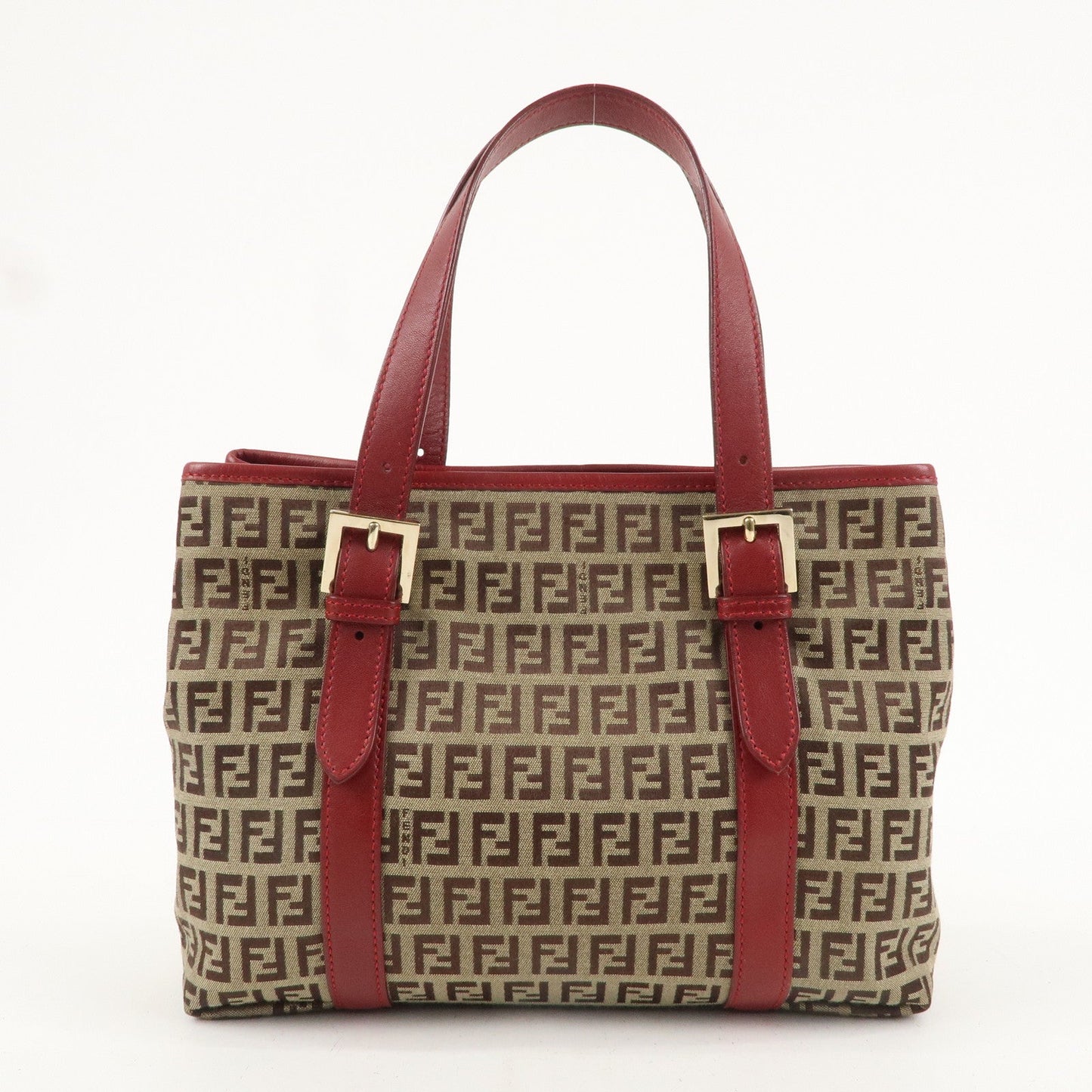 FENDI Zucchino Canvas Leather Hand Bag Beige Red 8BH237