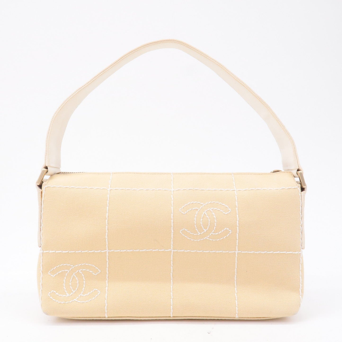 CHANEL Chocolate Bar Canvas Hand Bag Shoulder Bag Beige
