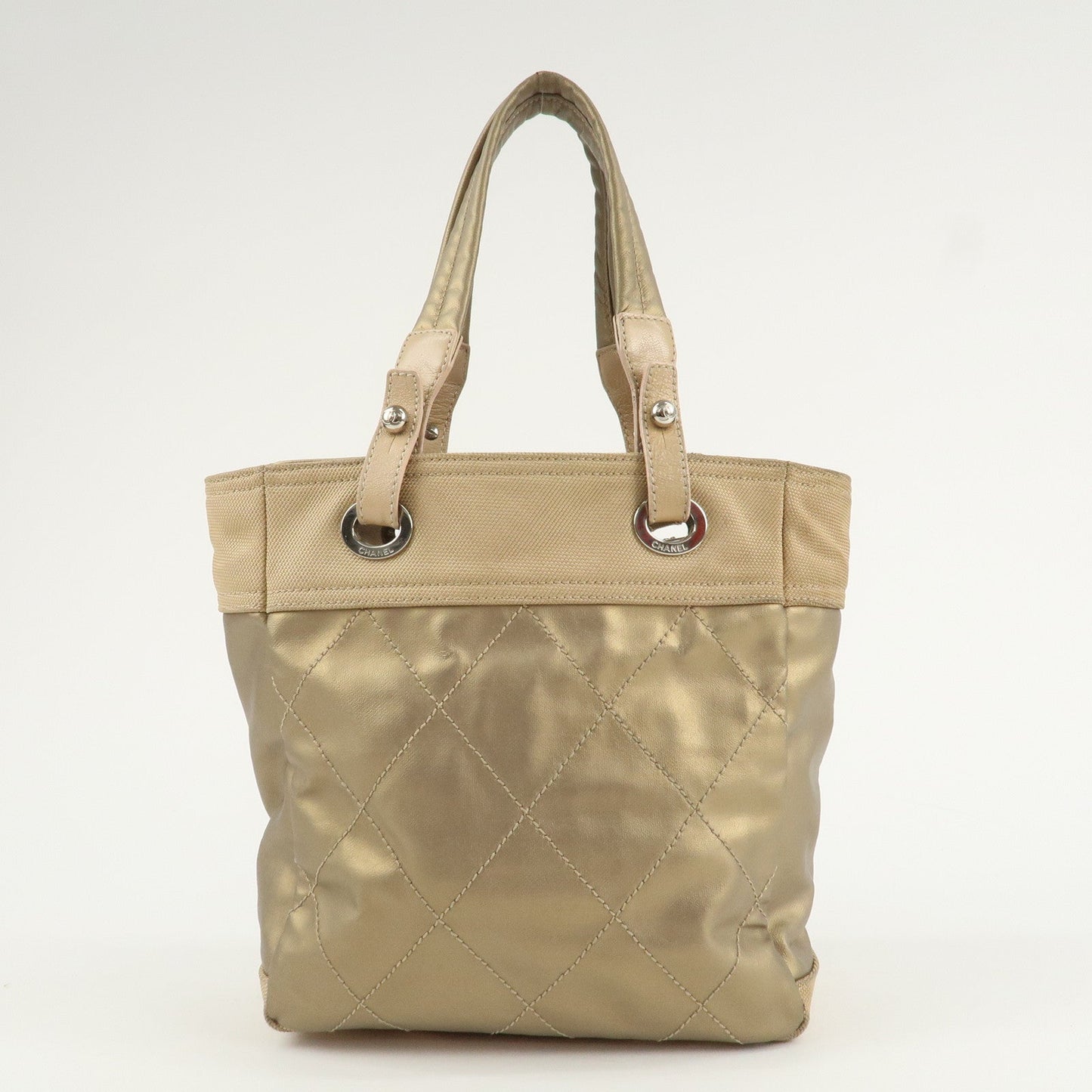 CHANEL Paris Biarritz Coating Canvas Leather Tote Bag PM Gold  d
