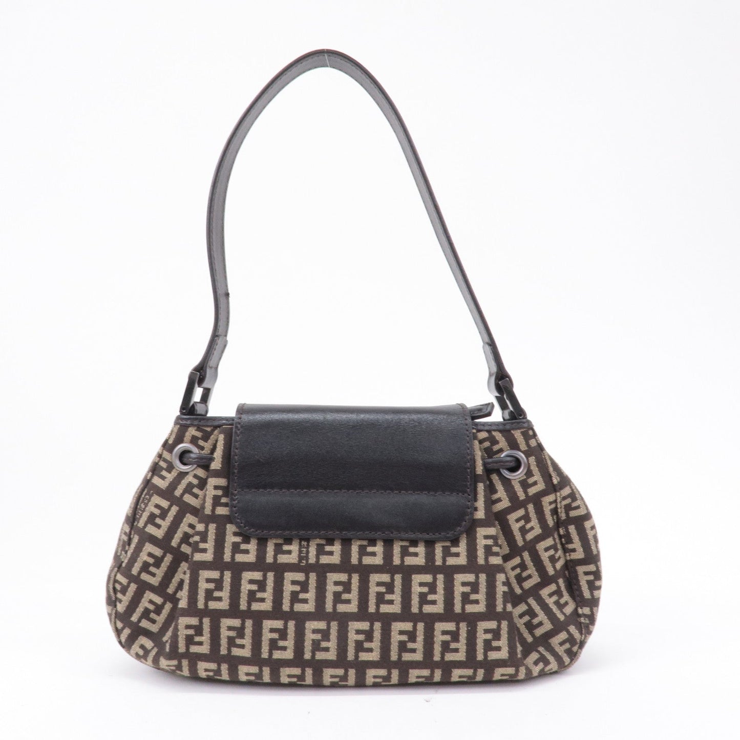 FENDI Zucchino Canvas Leather Shoulder Bag Brown Beige 8BR277