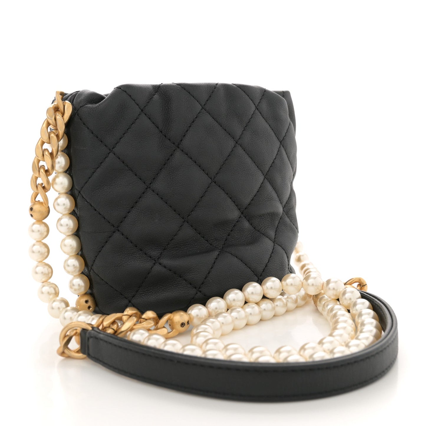 Amelia Calfskin Quilted Pearl Mini About Pearls Drawstring Bucket Bag Black