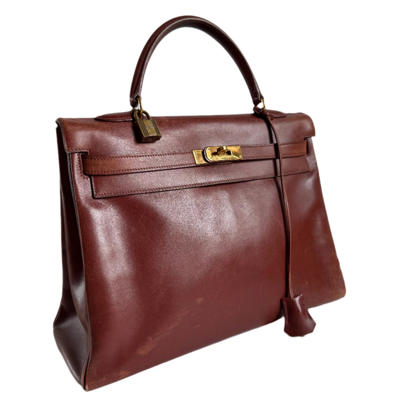 Hermes Kelly 35   Brown Box Calfskin Leather Gold Hardware 1995 With Strap Lock Key n Clochette