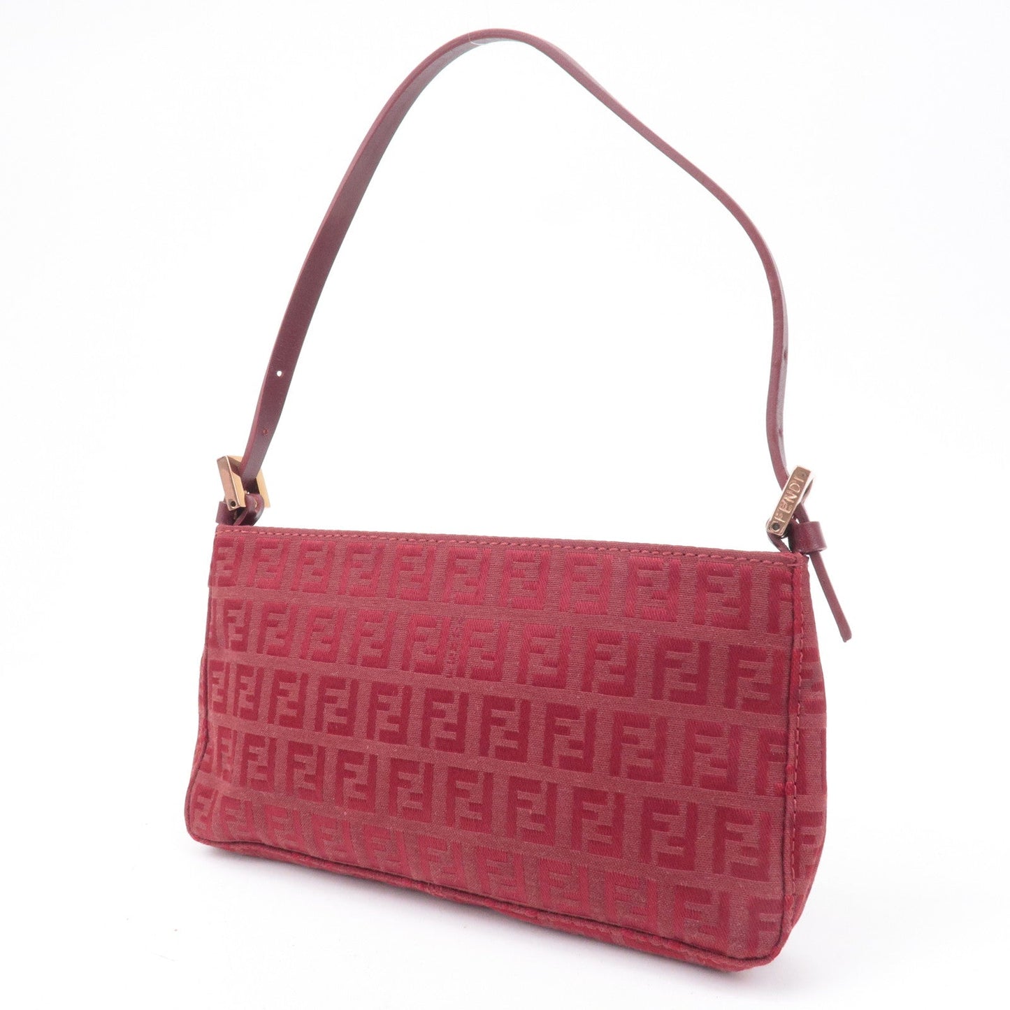 FENDI Zucchino Print Canvas Leather Hand Bag Pouch Red 8BR041