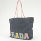 Prada Logo Denim Leather Tote Bag Hand Bag With Pouch 1BG106