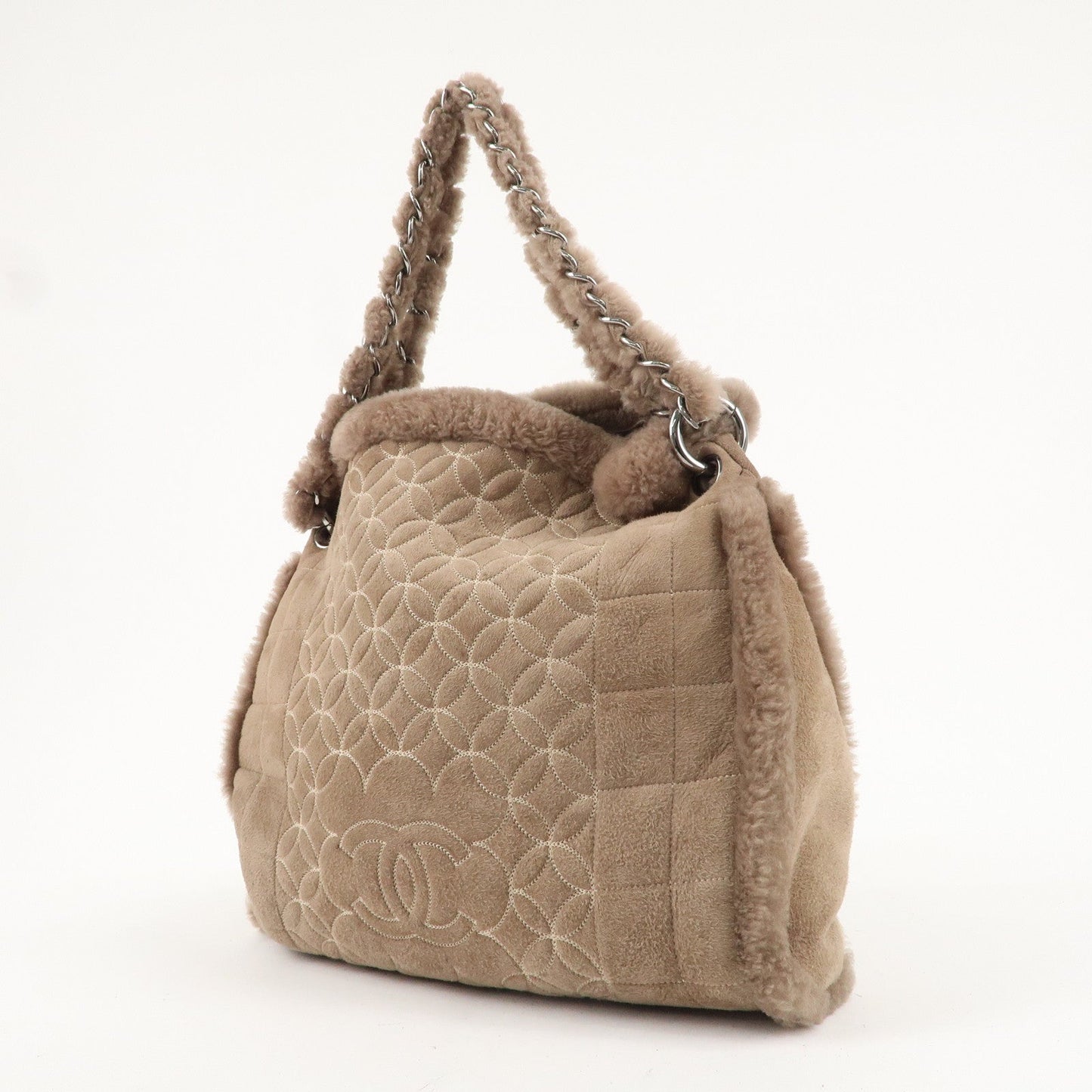 CHANEL Nubuck Fur Leather Shoulder Bag Hand Bag Beige