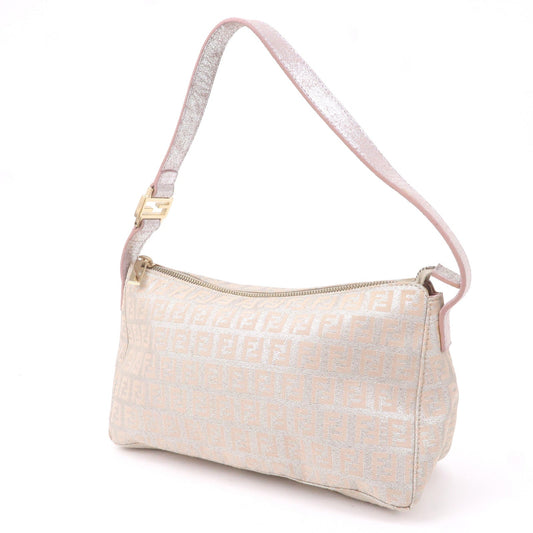 FENDI Zucchino Canvas Leather Shoulder Bag Silver Pink 8BR444