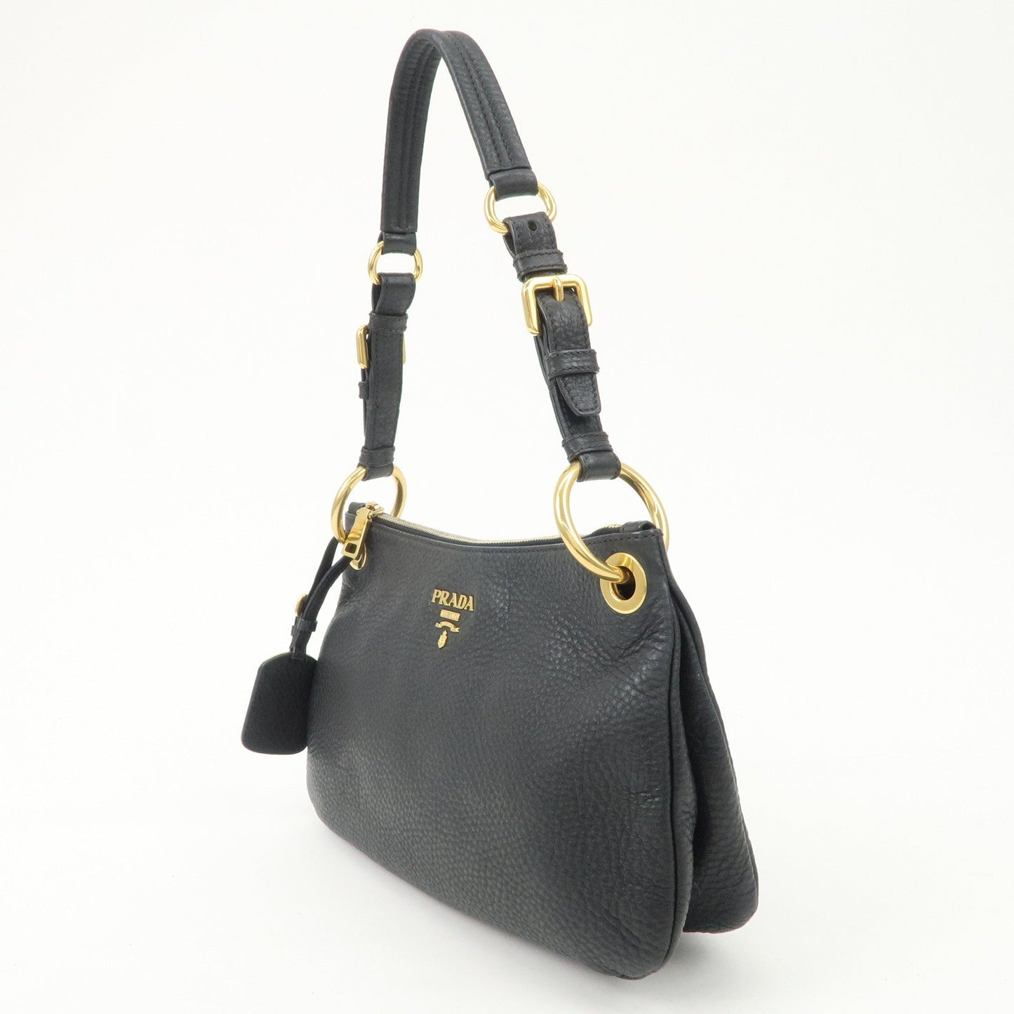 PRADA Logo Leather One-Shoulder Bag Hand Bag Black Gold Hardware  d