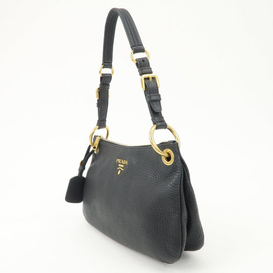 PRADA Logo Leather One-Shoulder Bag Hand Bag Black Gold Hardware  d