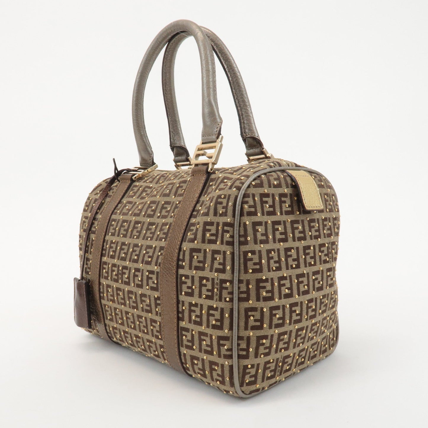 FENDI Zucchino Canvas Leather Boston Bag Hand Bag Beige 8BL068