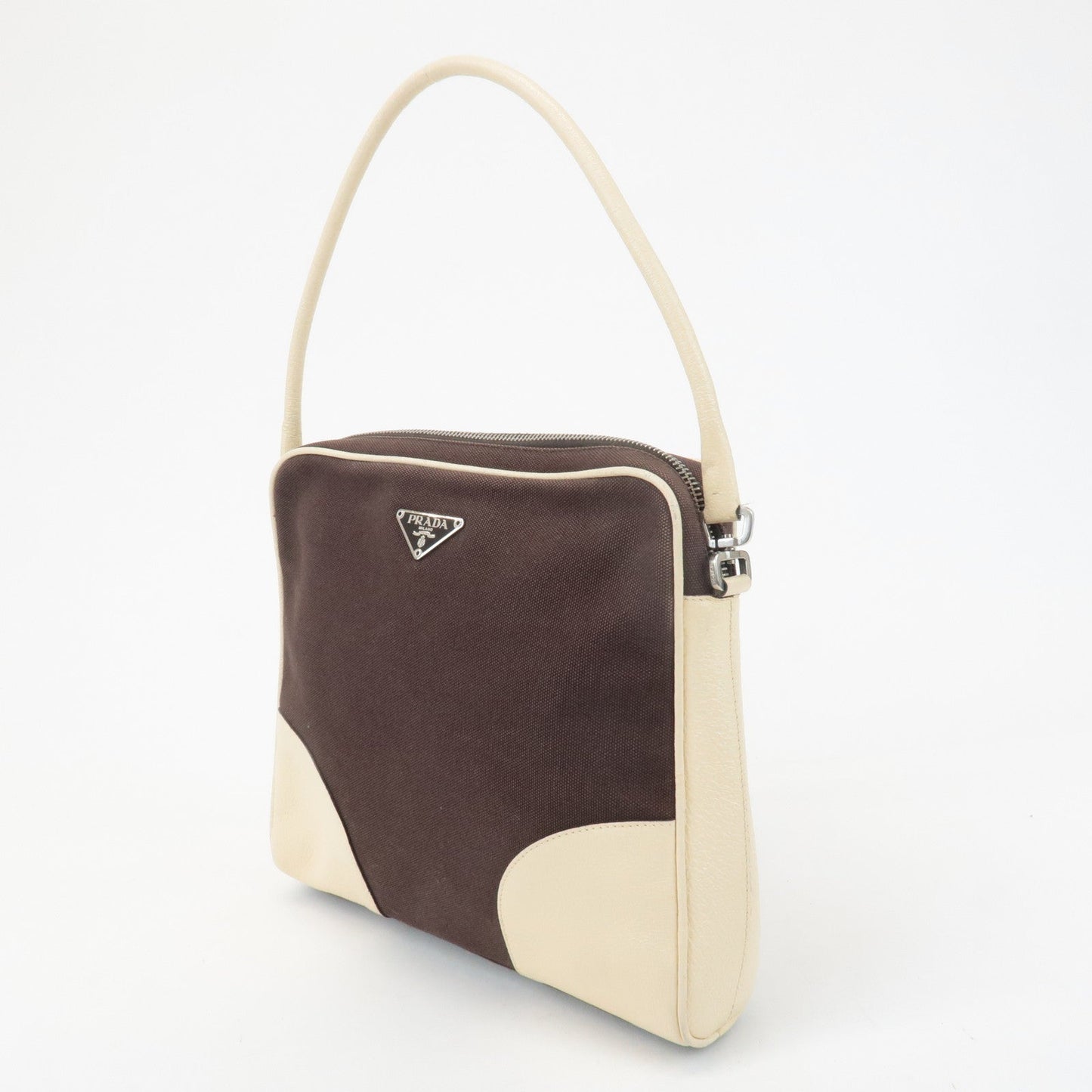 PRADA Triangle Logo Canvas Leather Shoulder Bag Brown Ivory  d