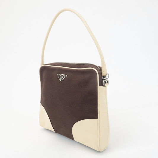 PRADA Triangle Logo Canvas Leather Shoulder Bag Brown Ivory  d