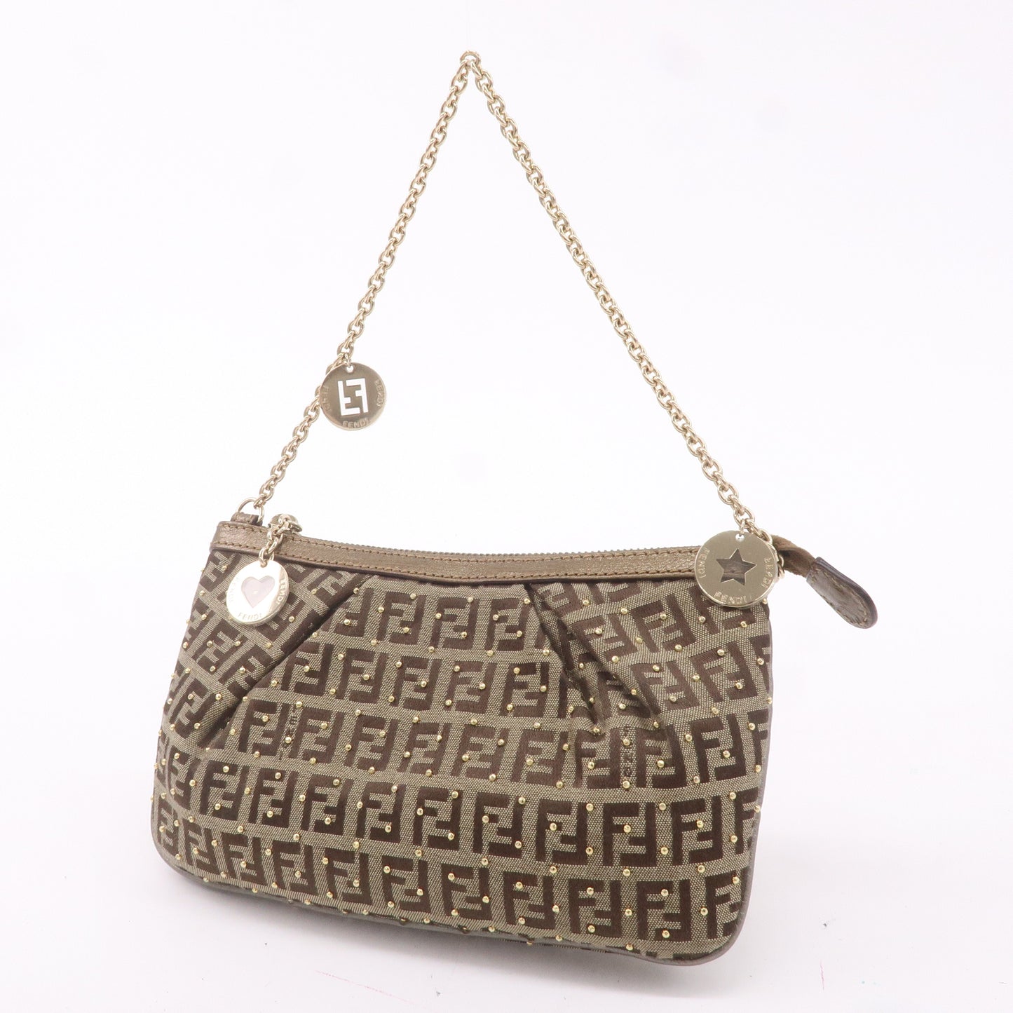 FENDI Zucchino Canvas Leather Chain Bag Pouch Brown 8BR594