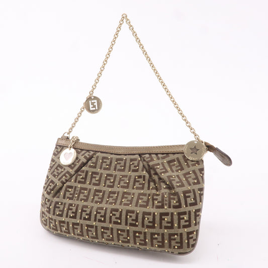 FENDI Zucchino Canvas Leather Chain Bag Pouch Brown 8BR594