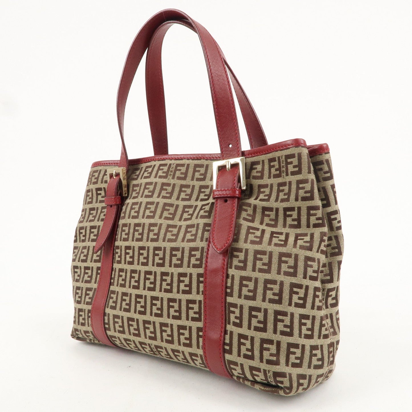 FENDI Zucchino Canvas Leather Hand Bag Beige Red 8BH237