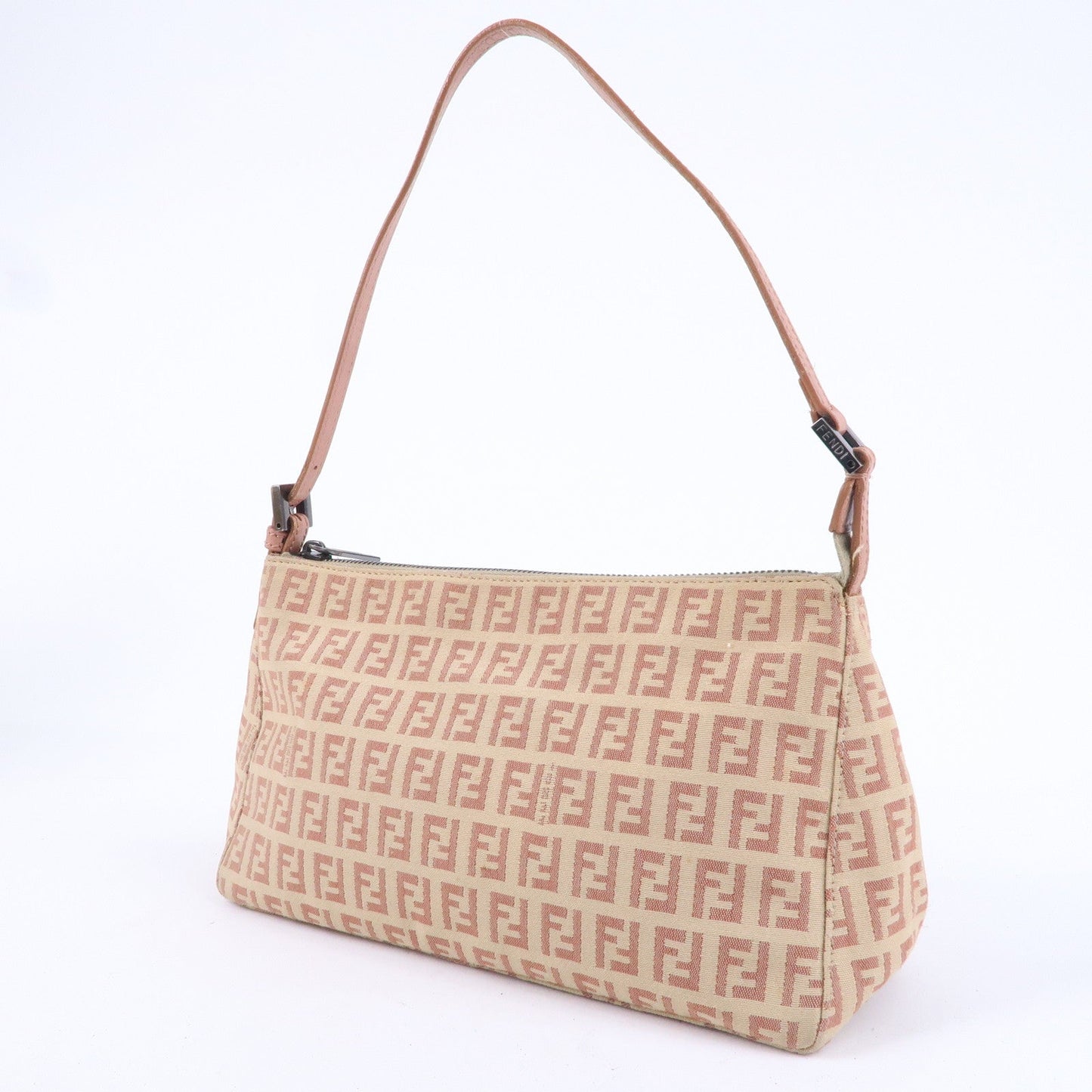 FENDI Zucchino Canvas Leather Shoulder Bag Beige Pink 8BR267