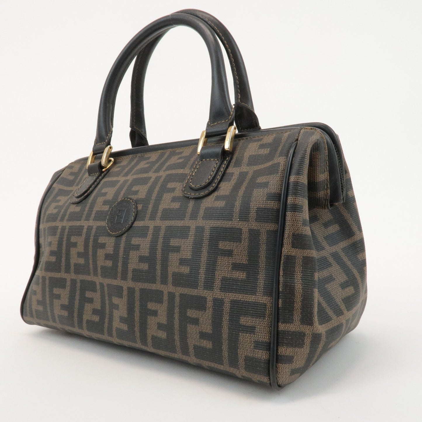 FENDI Zucca PVC Leather Small Boston Bag Hand Bag Khaki Black 4498