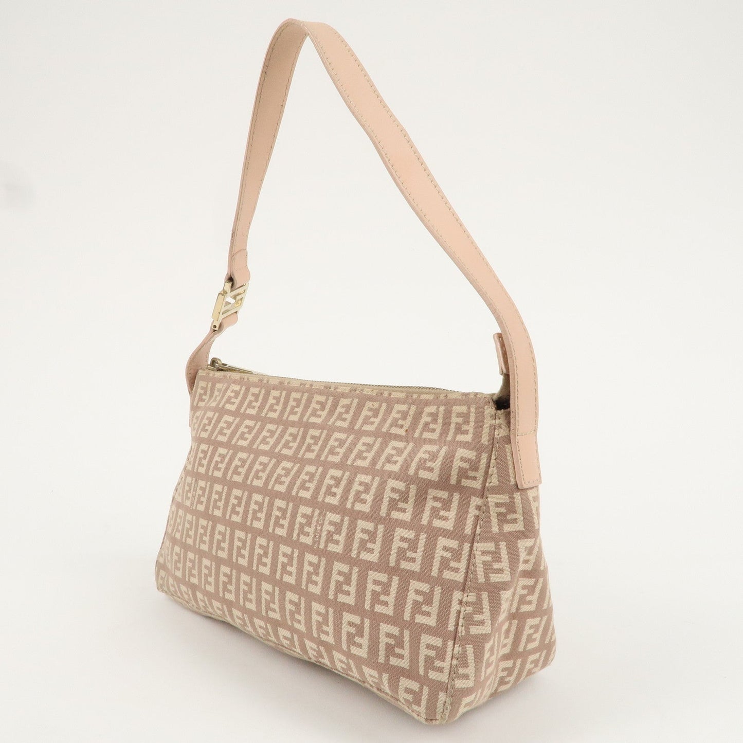 FENDI Zucchino Canvas Leather Shoulder Bag Beige Pink 8BR444