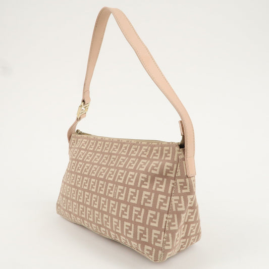 FENDI Zucchino Canvas Leather Shoulder Bag Beige Pink 8BR444