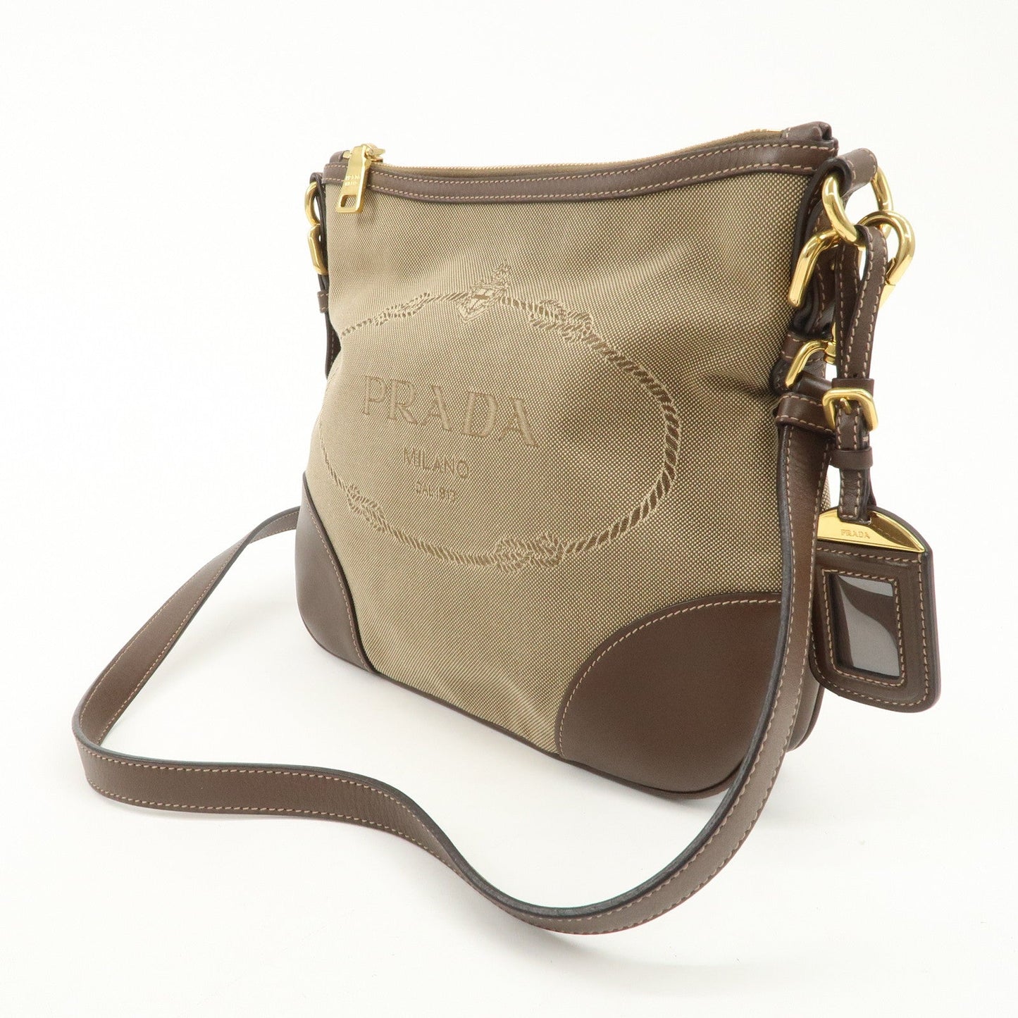 PRADA Logo Jaguard Leather Shoulder Bag Crossbody Bag Beige Brown  d