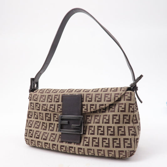 FENDI Zucchino Canvas Leather Shoulder Bag Brown Beige 8BR003