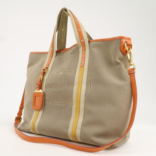 Prada Logo Jacquard Leather 2Way Hand Bag Beige Orange BN1453