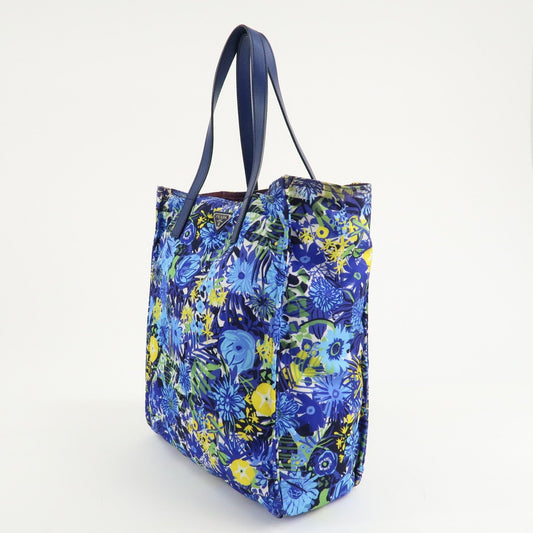 PRADA Logo Nylon Leather Tote Bag Floral Print Blue BN2851  d