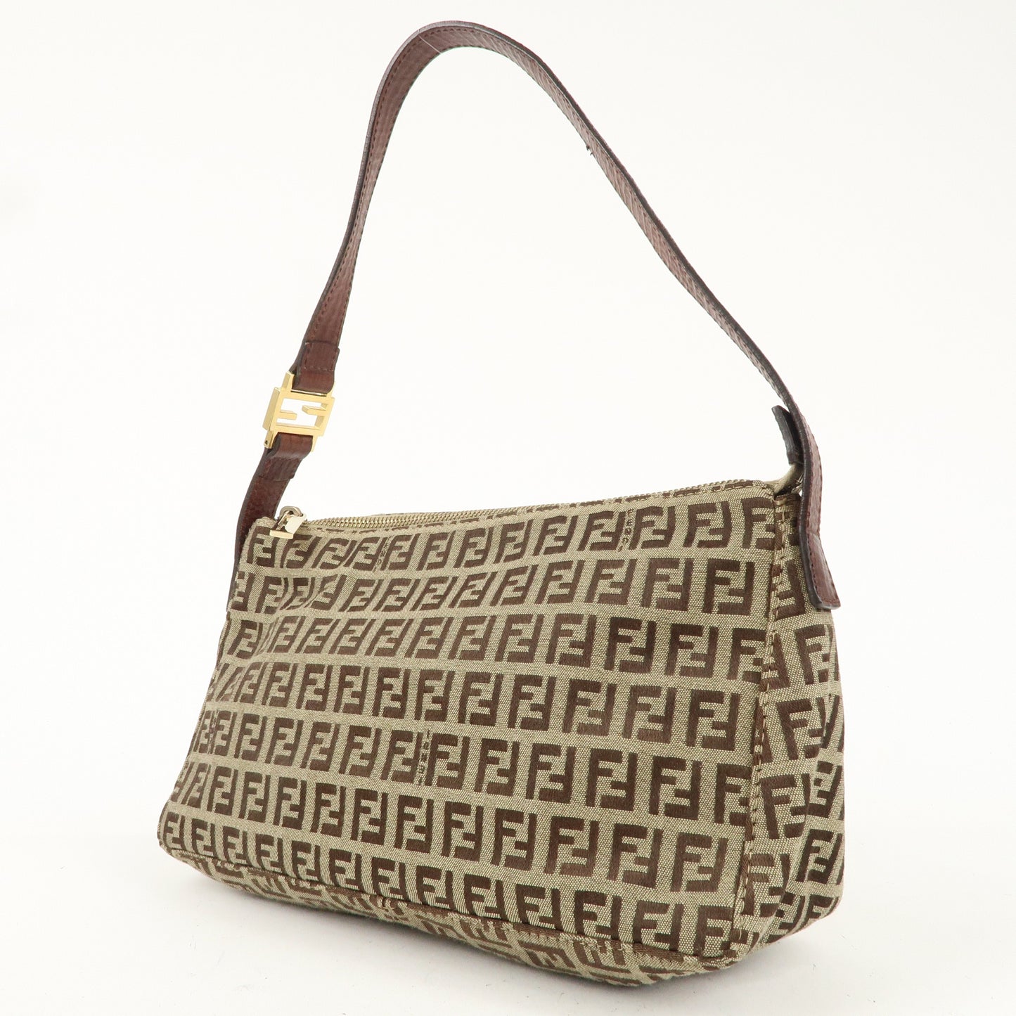 FENDI Zucchino Canvas Leather One Shoulder Bag Beige Brown 8BR444