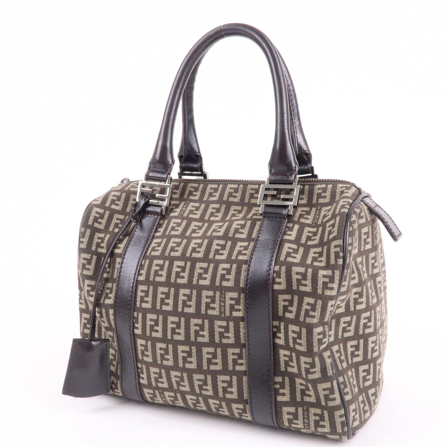 FENDI Zucchino Canvas Leather Boston Bag Brown Beige 8BL068