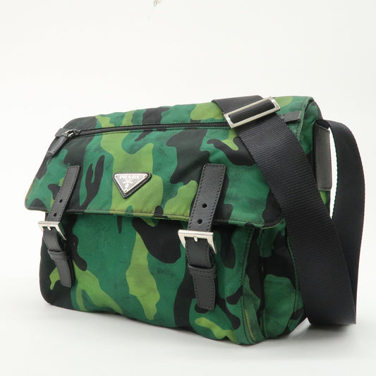 PRADA Logo Nylon Leather Camouflage Shoulder Bag Green Black  d