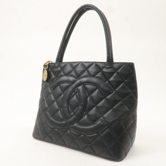 CHANEL Matelasse Caviar Skin Medalion Tote Bag Black A01804