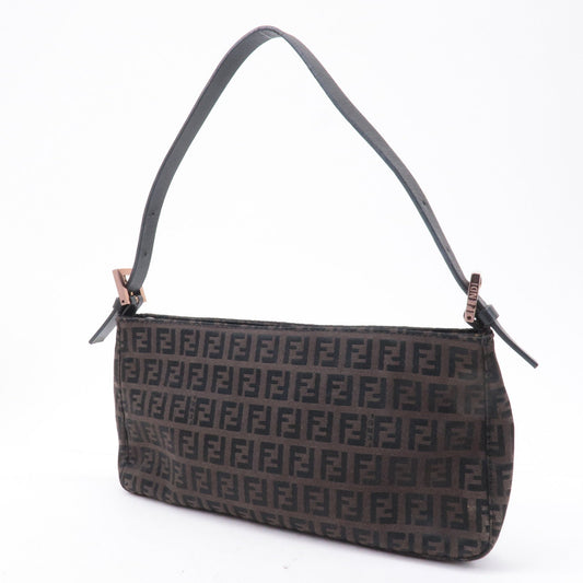 FENDI Zucchino Canvas Leather Shoulder Bag Brown Black 8BR042