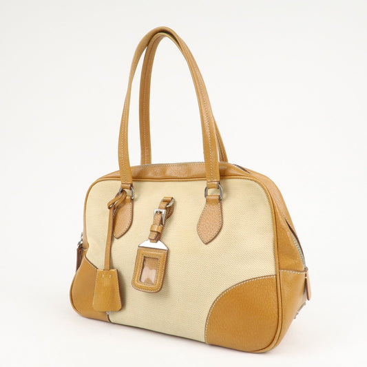 PRADA Canvas Leather Triangle Logo Boston Bag Ivory Brown  d