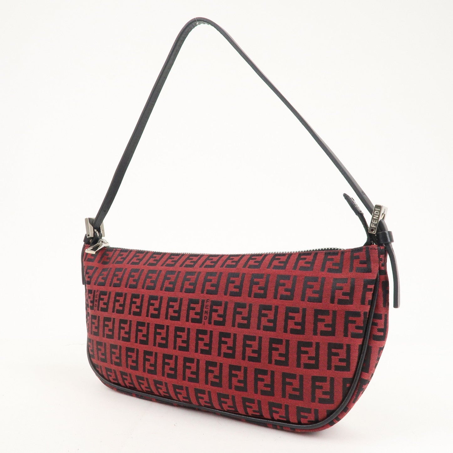 FENDI Zucchino Canvas Leather Shoulder Bag Red Black 8BR144