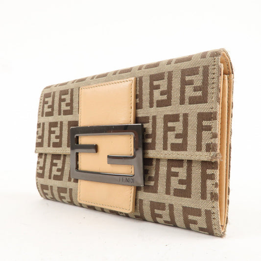 FENDI Zucchino Canvas Leather Bi-fold Wallet Beige Brown 8M0036